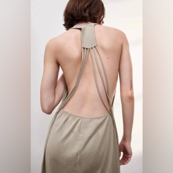 ZARA NWT Boho Beachy Backless Maxi Dress S Taupe Tassel Fringe Detail Minimalist - Picture 3 of 16